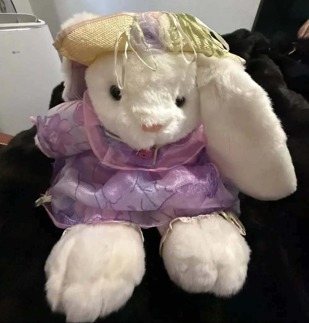 Vintage 1993 Plush Creations Tall White Bunny With Hat And purple Floral Dress